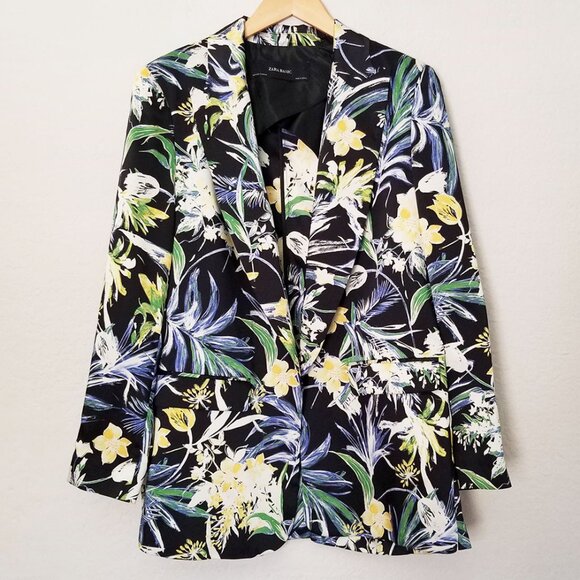 Zara Basic Floral Print Silky Satin Open Front Blazer Jacket M Vibrant Tropical - Picture 4 of 16